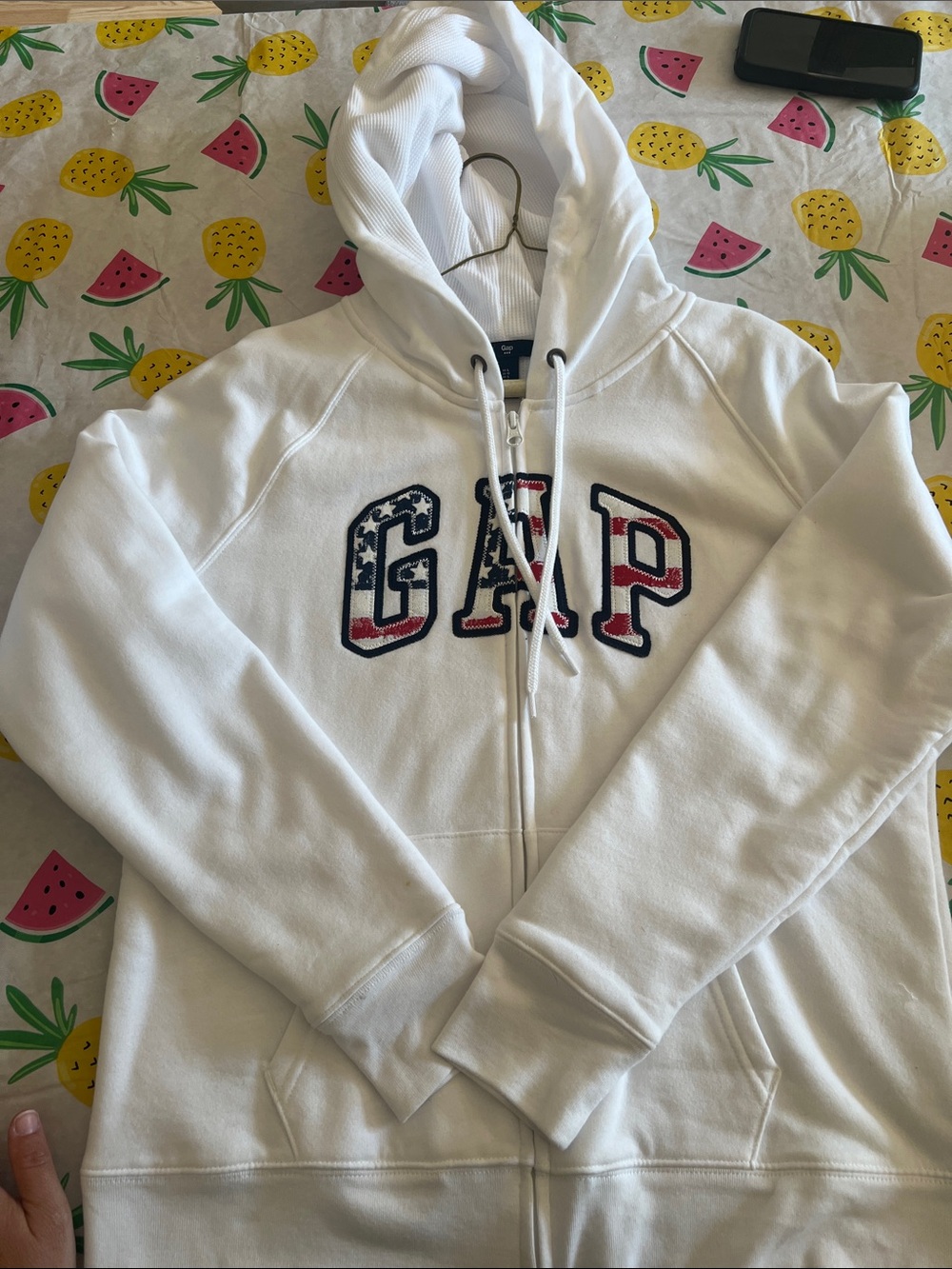 GAP White Zip-Up Hoodie with American Flag Lettering